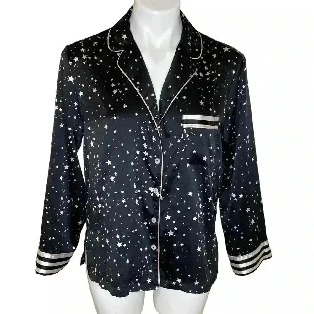 Victoria Secret star celestial Black Long sleeve top button down nightshirt